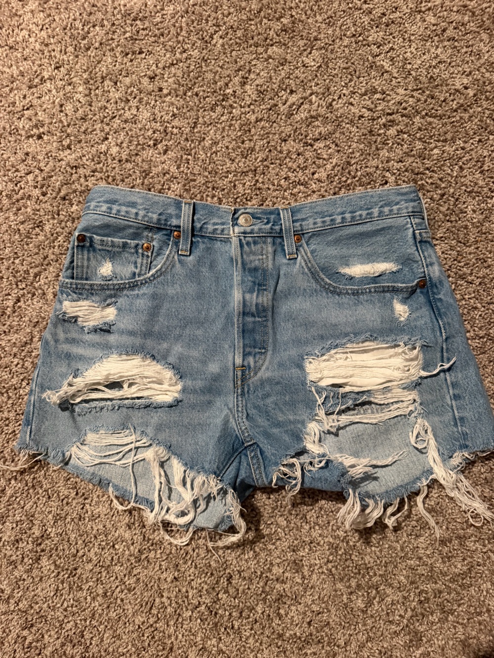 Levis 501 Womens Distressed Ripped High Rise Raw Light Wash Denim Shorts Size 30